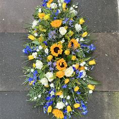 Blue yellow and white coffin spray