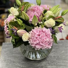 Pink Hydrangea and Rose Crackled Globe vase