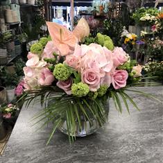 Pink Hydrangea and Pink Anthurium Globe Arrangement 