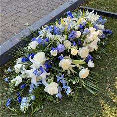 Bright Blue and White Coffin Spray