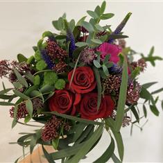Red Rose, Skimmia and Veronica Bouquet
