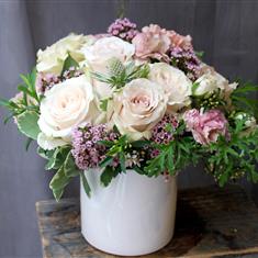 Table Arrangement with Cream Roses and Sweet Williams